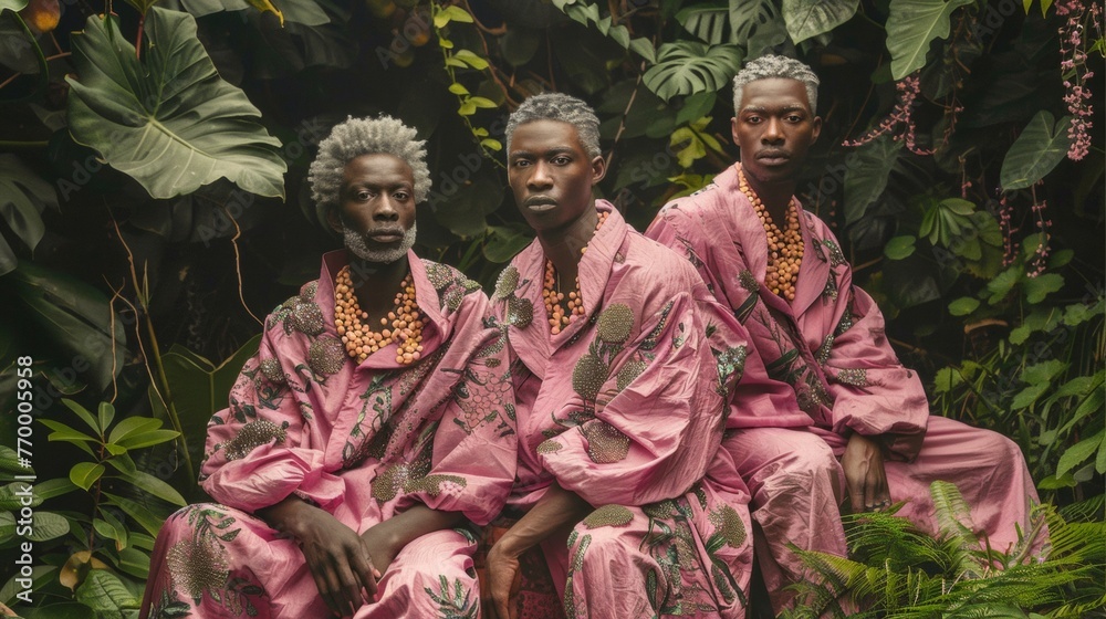 Elegant Nature-Themed Fashion: African Models in Fruit-Patterned Oversized Clothing Amidst Greenery
