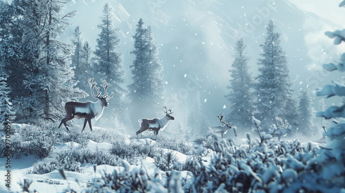 Majestic caribou herds migrating through a pristine snowy wilderness.