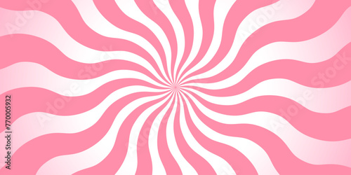 Sweet rotating cartoon Swirl or Whirlpool. Candy Sunburst wallpaper. Abstract cream sunbeams. Pink spinning lines for template, banner, poster, flyer.  Vector background design  photo