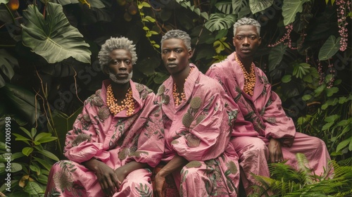 Elegant Nature-Themed Fashion  African Models in Fruit-Patterned Oversized Clothing Amidst Greenery