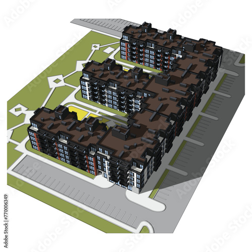 Vector architectural project of a multistory building, aerial view
