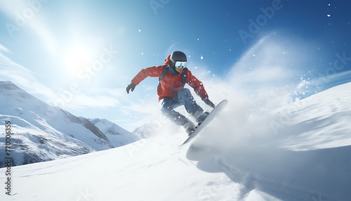 Snowboarder in mid-air against a vivid blue sky, performing a dynamic jump on a snowy mountain