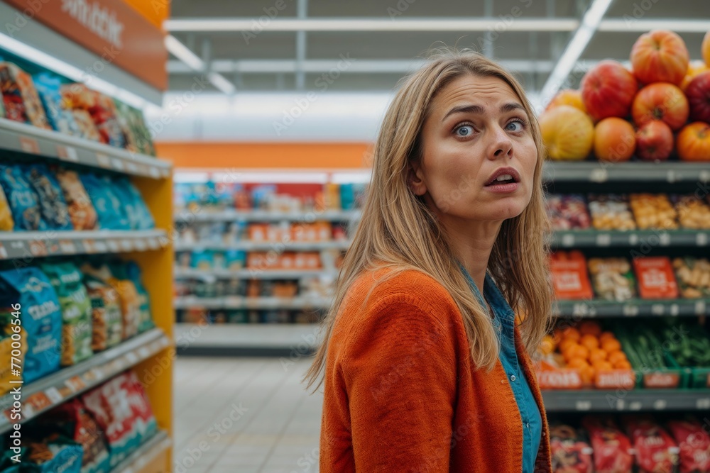 Portrait of woman shocked by prices in a supermarket. Shop window in the background