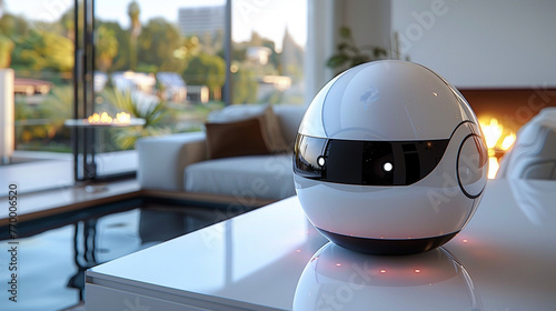 Robots in our lives. The mini robot assistant in white modern flat photo
