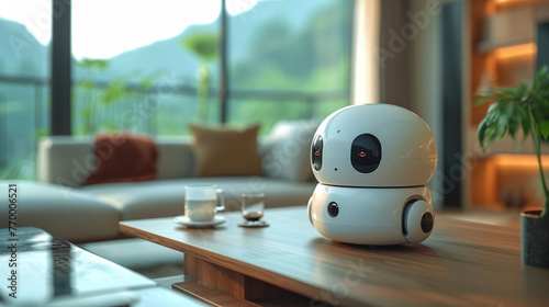 Robots in our lives. The mini robot assistant in white modern flat