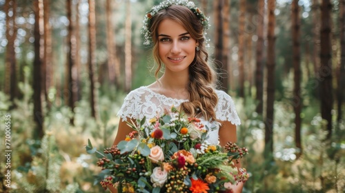 Woman Holding Bouquet of Flowers in Forest