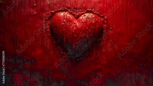  Painting of a heart on a red background with water drops below and beside it