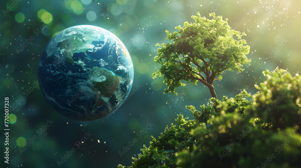 Eco concept with green planet and trees, celebrating World Ozone Day.