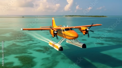 Sea plane in air. Tropical Maldives atoll island. Paradise luxury resort. Close up. photo