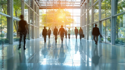 Group of People Walking Through Lobby
