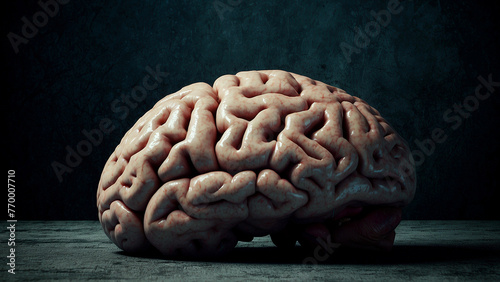 Human brain on wooden table over dark background. 3D Rendering