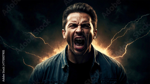 Screaming young angry man in a dark room with lightning and smoke