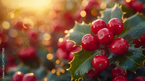  Red berries on green tree under bright sun