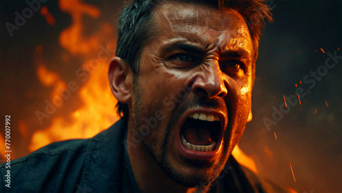 Angry aggressive man screaming in front of a burning fireplace. Close-up portrait.