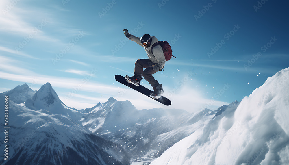 Snowboarder in mid-air against a vivid blue sky, performing a dynamic jump on a snowy mountain