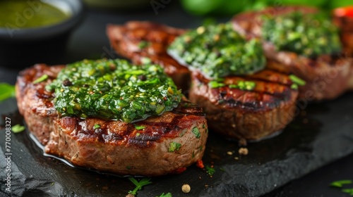 Grilled beef steaks with herbs and sauce on slate board, closeup photo