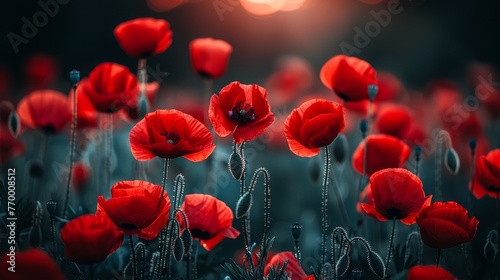   Red flowers fill a sun-drenched field, with beams of light piercing through the sky behind them © Shanti