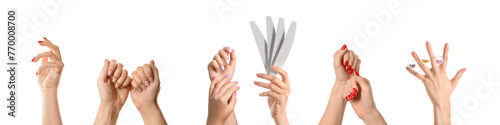 Collage of female hands with stylish manicure on white background photo