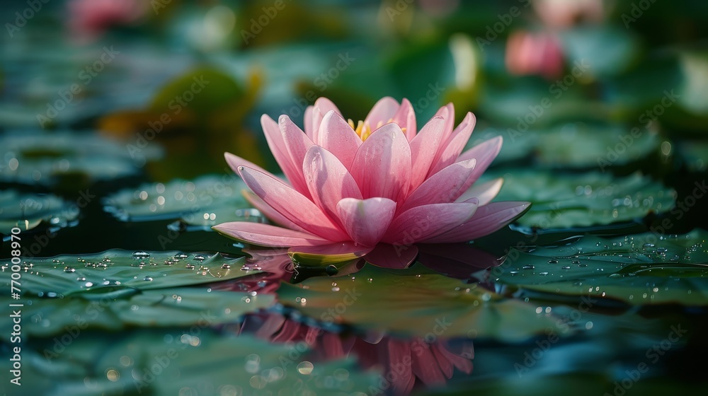  A pink water lily glides atop a green, leafy pond, dotted with water droplets