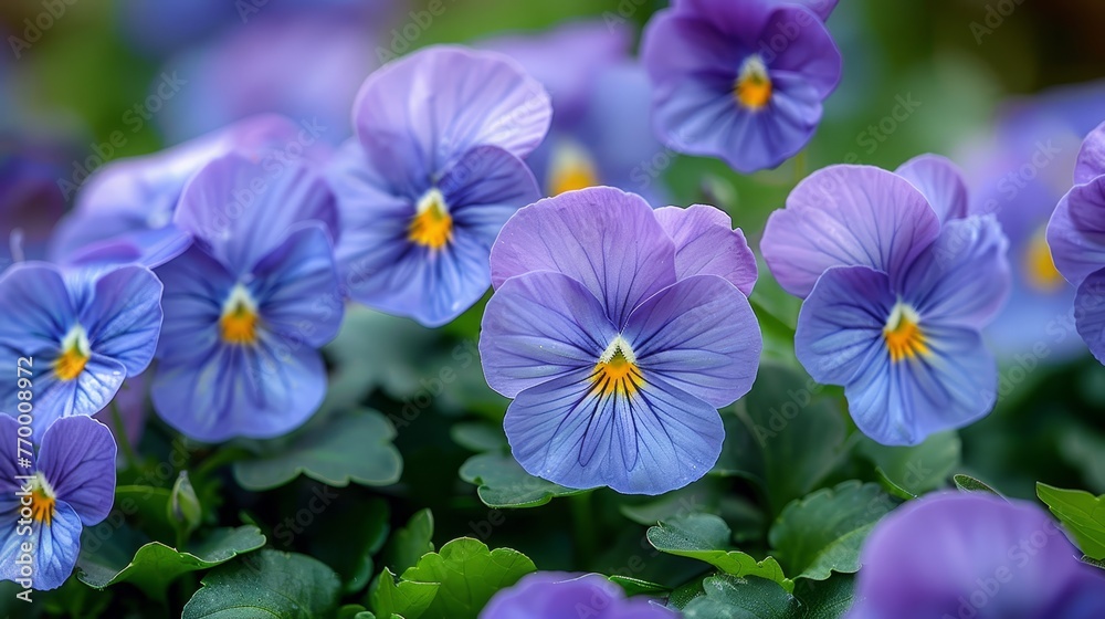   Purple flowers in close-up with green leaves in the foreground and a blurred background