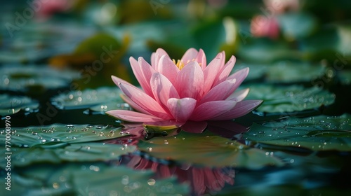 A pink water lily glides atop a green, leafy pond, dotted with water droplets