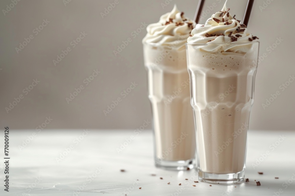Two smooth, creamy milkshakes on a white tabletop in a side angle shot. Two smooth, creamy milkshakes on a white tabletop in a side angle shot.