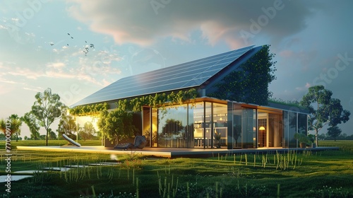 Futuristic Smart Home with Solar Panel System for Renewable Energy. House, Clean, Power, Alternative, Susttainable, Eco, Sun, Electric, Electricity, Environment, Ecology, Battery 