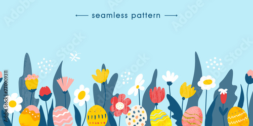 Seamless horizontal pattern with abstract flowers and eggs. Design of shop windows, egg stickers, advertising materials and more. Vector illustration