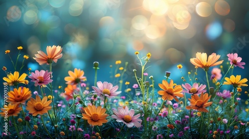   A close-up of a group of flowers with a blurry background due to shallow depth of field, creating a bokeh effect © Shanti