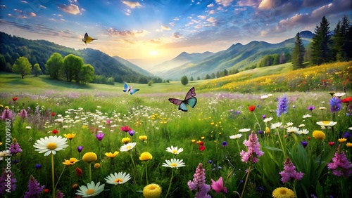 Fototapeta Naklejka Na Ścianę i Meble -  Generative ai. a picture of a field of flowers with butterflies flying around, meadow background