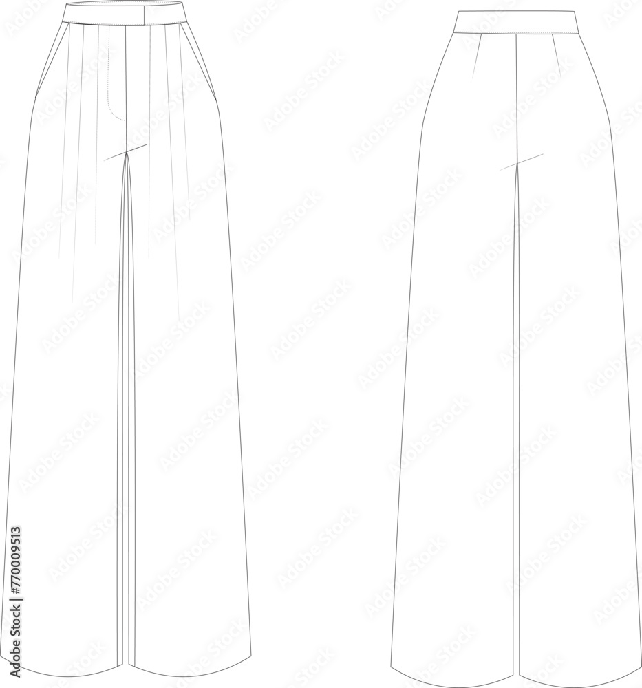 Technical drawing. Women's classic tailored high waisted pants with pleats and french pockets. Front and back. On Body. - obrazy, fototapety, plakaty 