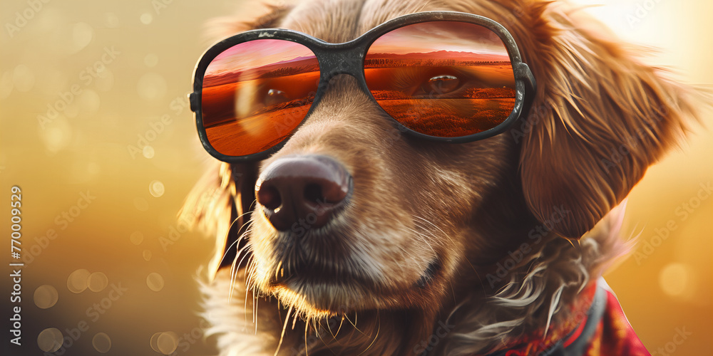 Cool Canine Chillin in Sunglasses with a Reflective Sunset View Banner