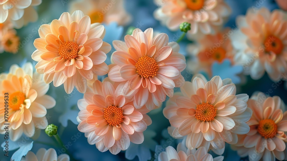 A close-up of pink and white flowers against a light blue sky with a blue background A close-up of pink and white flowers against a light blue sky with a blue background