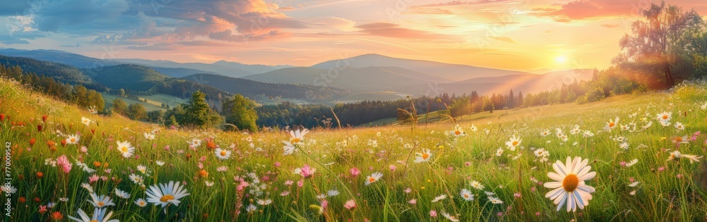 Meadow With Daisies and Mountains