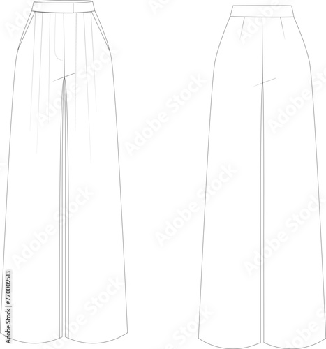 Technical drawing. Women's classic tailored high waisted pants with pleats and french pockets. Front and back. On Body.