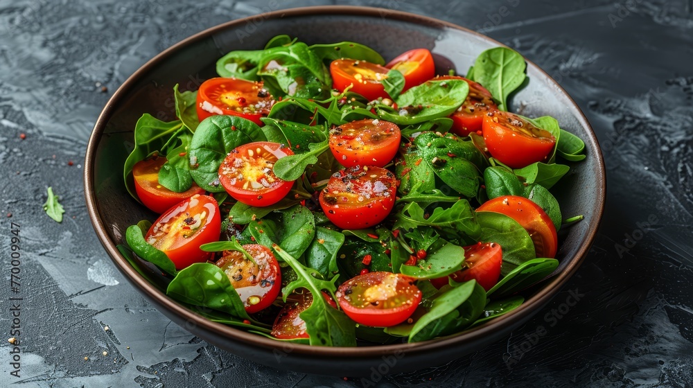   A zoomed-in photo of a bowl filled with ripe red tomatoes and fresh green spinach leaves placed on a dark background, accompanied by a spoon
