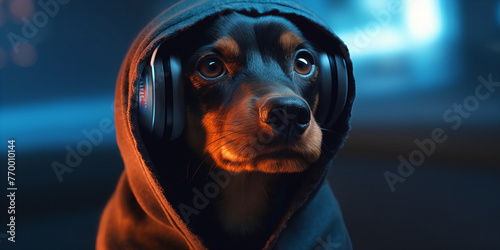 Nighttime Vibes with Cool Hoodie-Wearing Dog Listening to Music Banner