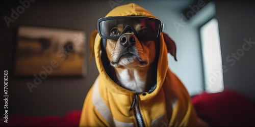 Futuristic Cool Dog in Yellow Hoodie and Stylish Sunglasses Banner photo