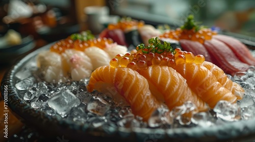  A macro shot of a platter featuring sushi atop a block of ice and a wine bottle positioned behind it