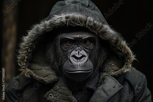 Mysterious Primate in Hooded Jacket: Intense Gaze of Natures Sage - Banner