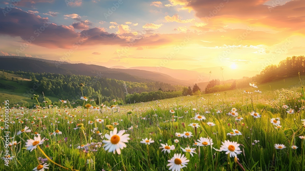 Fototapeta premium Sunset Over Daisies Field