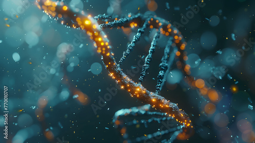 3d render of double helix DNA with glowing particles, close up, bokeh background, biotechnology