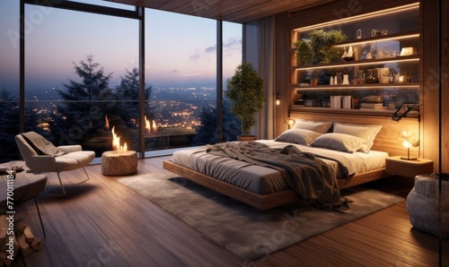 A modern bedroom with wooden furniture  a concrete floor  warm lighting in a winter day