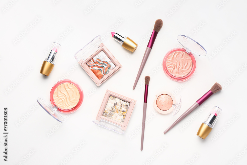 Set of different decorative cosmetics on white background