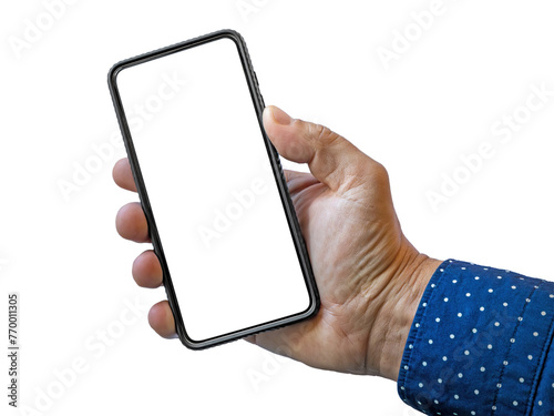 Hand holding the black smartphone phone with blank screen and modern frameless design, hold Mobile phone isolated on white background. Ideal for marketing, app design, UI and UX. Include clipping path