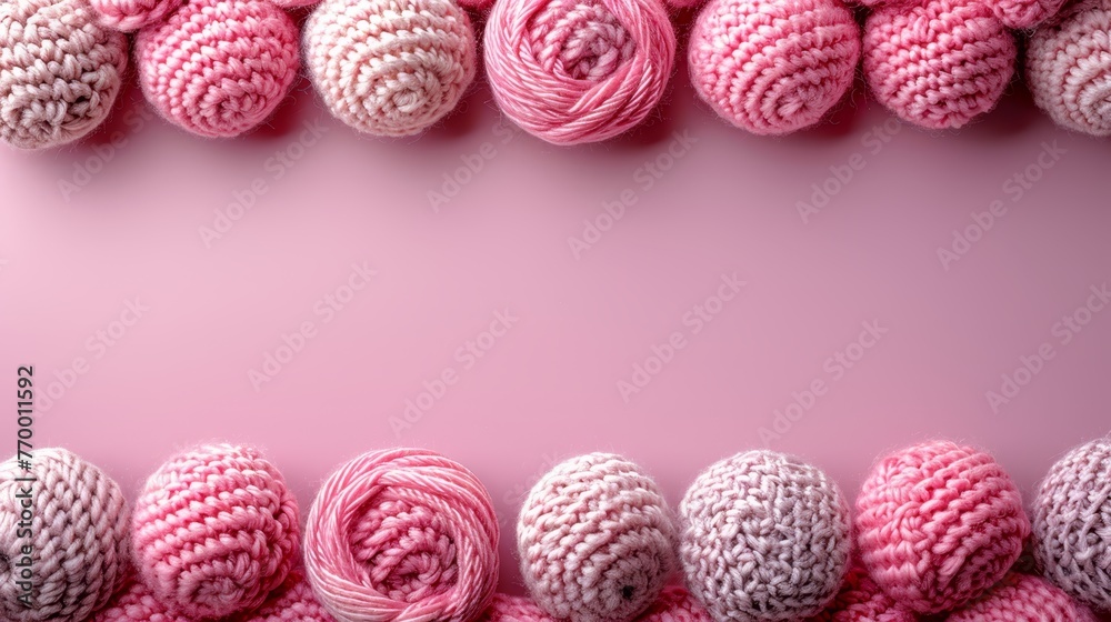 Pink and white crocheted balls of yarn arranged in a row on a pink background, leaving space for text Pink and white crocheted balls of yarn arranged in a row on a pink background, leaving space for text