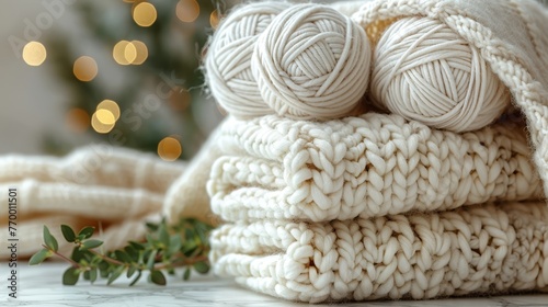   Pile of white yarn balls on top of white knitted blankets beside Christmas tree
