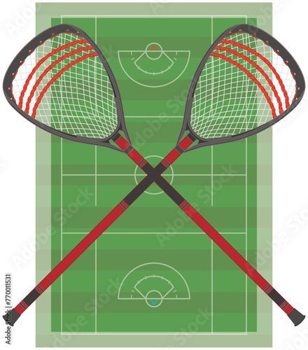 lacrosse, pair of lacrosse goalie sticks crossed with playing field in the background