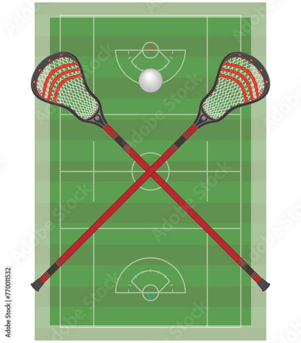 lacrosse, pair of lacrosse sticks crossed and ball in center with playing field in the background