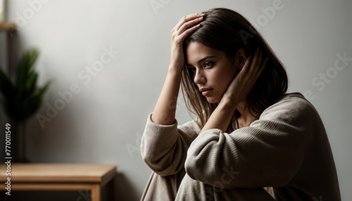 Pensive woman with hands in hair, lost in thought